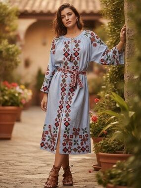 Zara TRF XS Cotton Ethnic Embroidered Belted Midi Dress. Runs big.